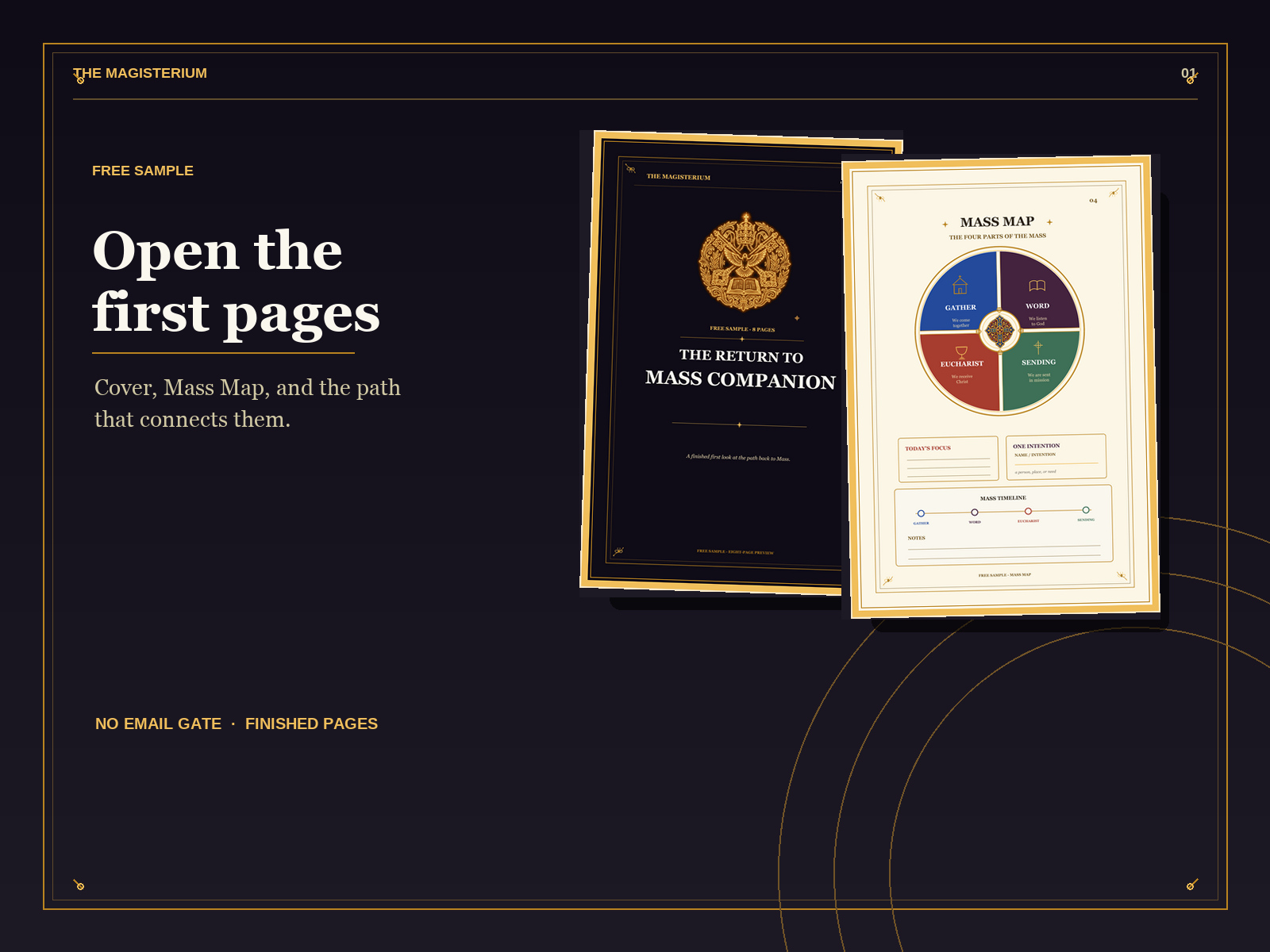A two-page spread from the redesigned eight-page free sample, showing its finished plum-and-gold cover and Mass Map as large page artifacts.