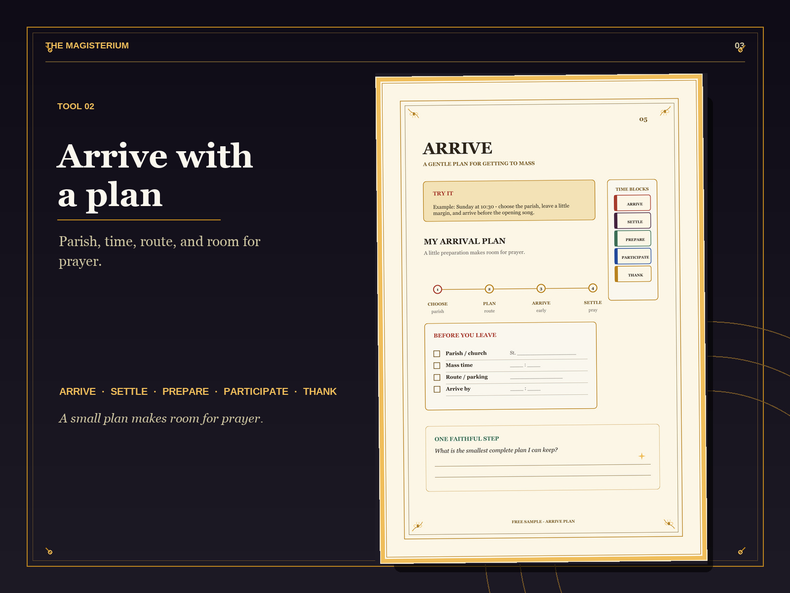 The finished Arrive plan page shown as a large artifact, with its five-step time-block rail, parish and route fields, and one faithful step.
