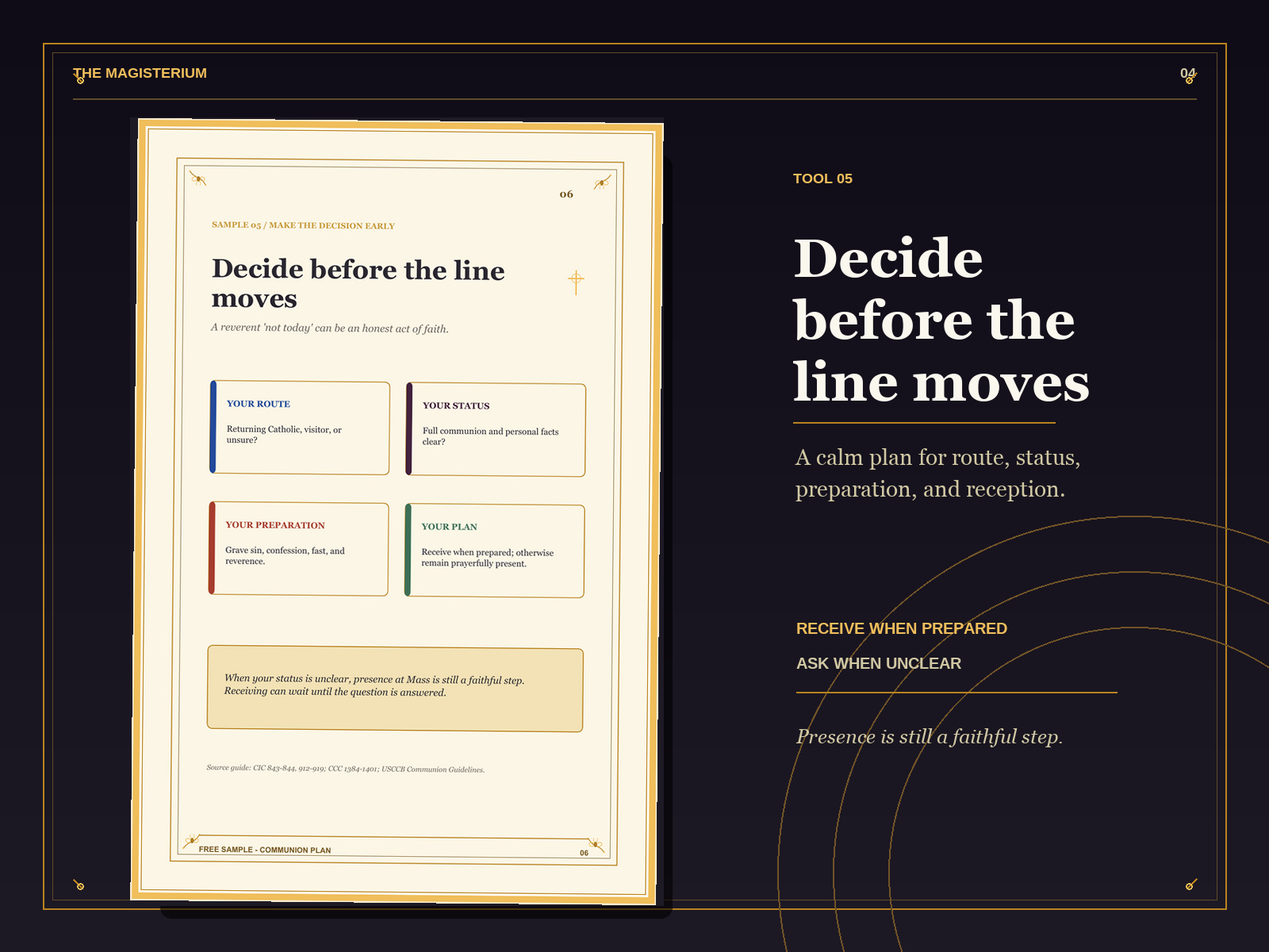 The finished Communion plan page shown as a large artifact, with four colored cards for route, status, preparation, and a personal plan.