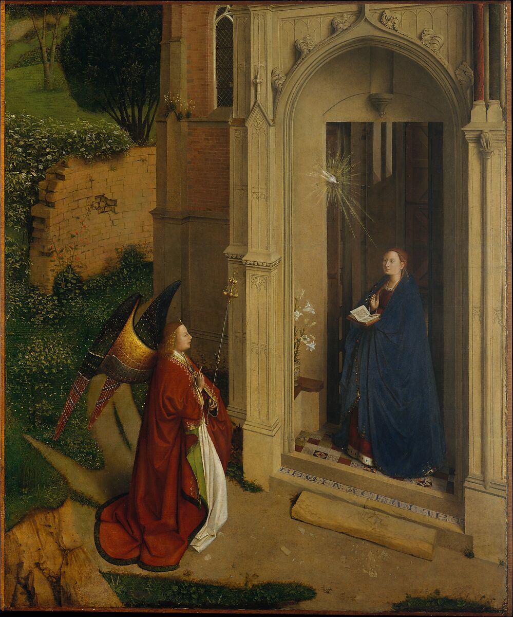 Petrus Christus's The Annunciation shows the angel Gabriel greeting Mary at the threshold of a church.